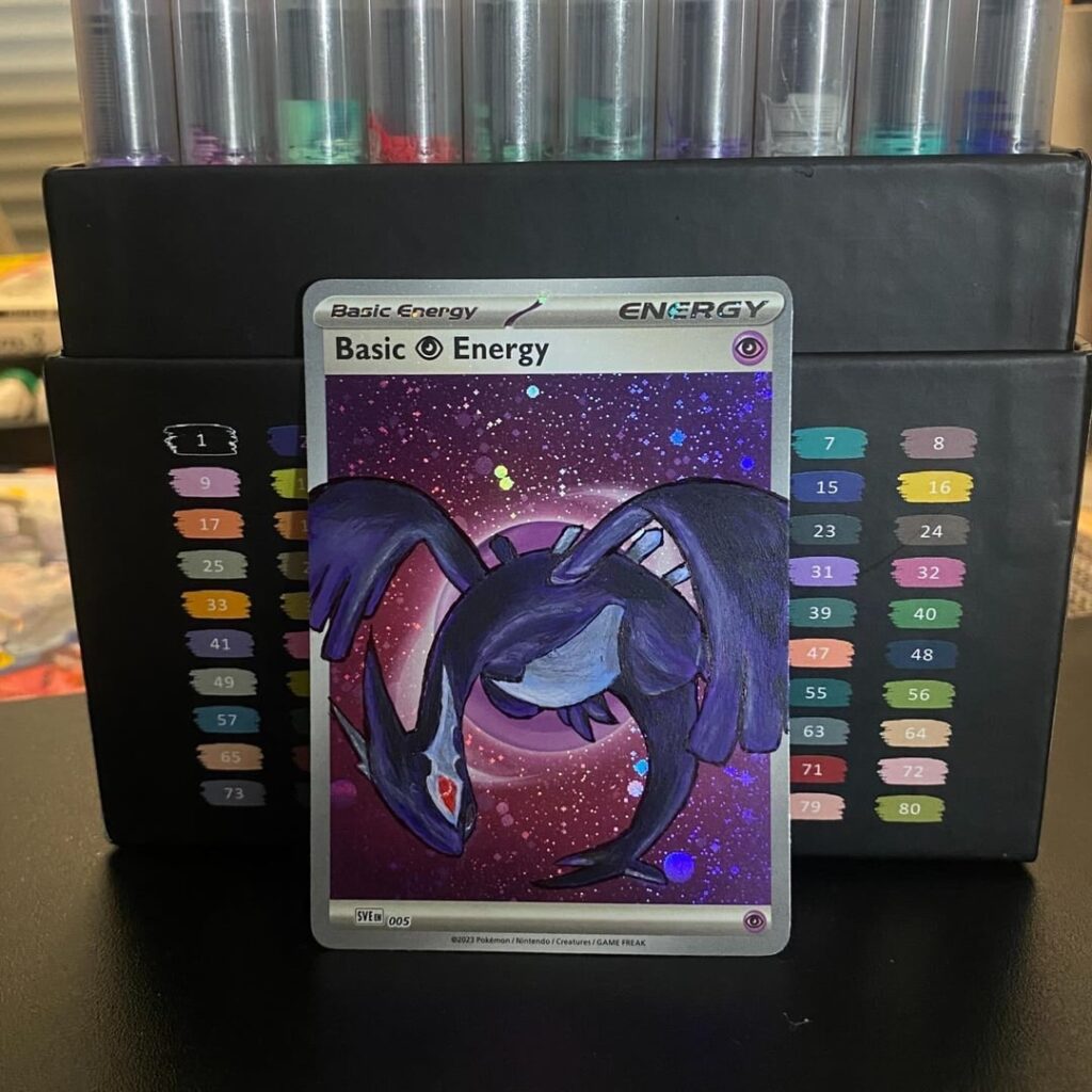 Hand-painted Shadow Lugia on a holo Psychic Energy card