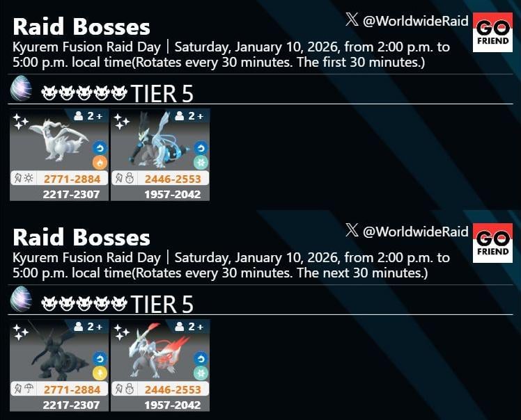 Kyurem Fusion Raid Day｜Jan. 10 (Sat), 2 p.m. – 5 p.m. local time, 2026(Rotates every 30 minutes. The first 30 minutes.→TIER5: Reshiram and Black Kyurem / Rotates every 30 minutes. The next 30 minutes.→TIER5: Zekrom and White Kyurem)