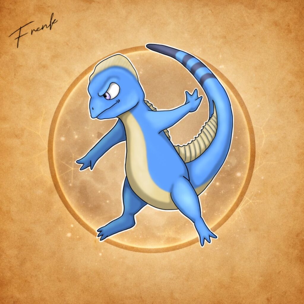 Parthenia's third starter, a water type. I named it "Basilip" from "basilisk+sip" (see description).