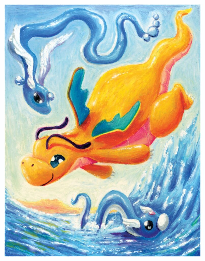 (OC) I'm an oil pastel artist working through the Kanto Pokedex - here's the Dragonite line.