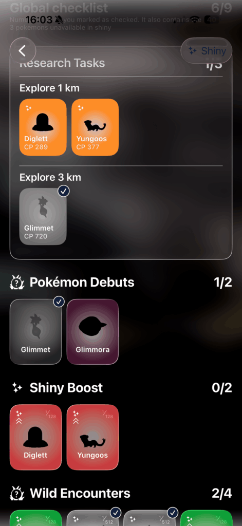 Research tasks rewards and shiny rates in event checklists