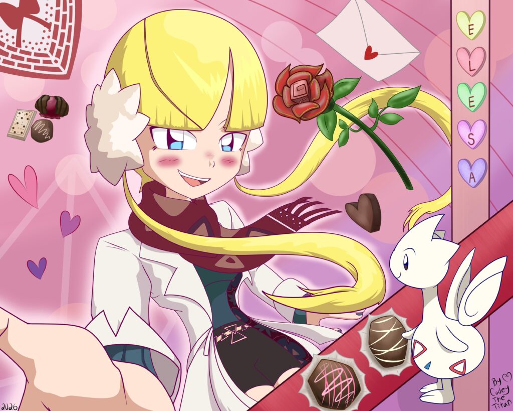[OC] Made Fan Art of my Favorite Pokemon Gym leader Elesa in her Palentine’s Day Outfit with her Pokemon Togetic.