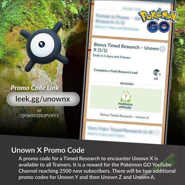 Codes for Unown X, Y, Z and A for the Pokemon Go Youtube milestone challenge.