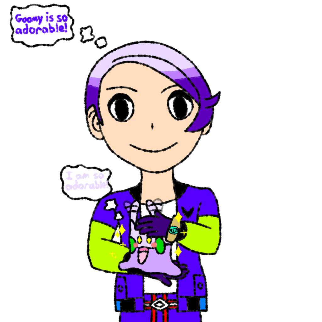 My character in Legends ZA petting a Goomy (this is my first time drawing a human btw)