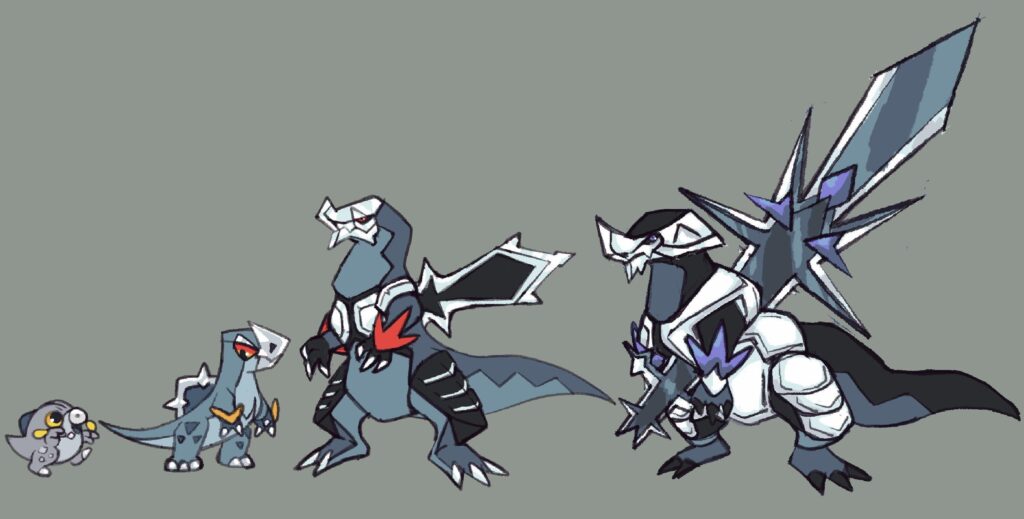 My own Baxcalibur evolution line redesign that doesn’t erase the existence of Firgibax and Arctibax while also keeping the arm feathers because that’s part of their identity