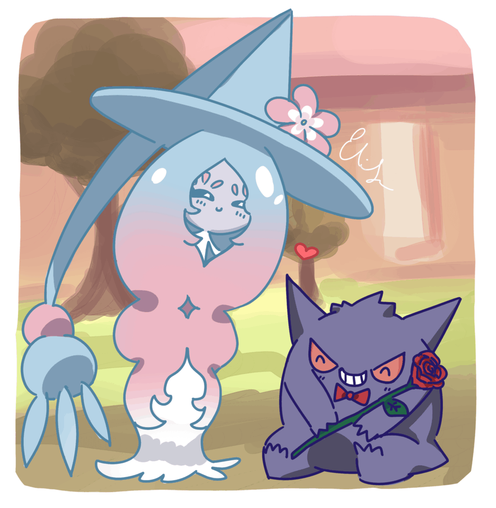Hatterene and Gengar (art by me)