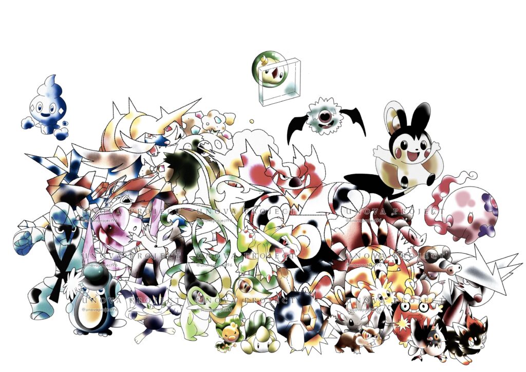[OC] All of the gen V mons I've drawn so far in a Sugimori style (in progress).