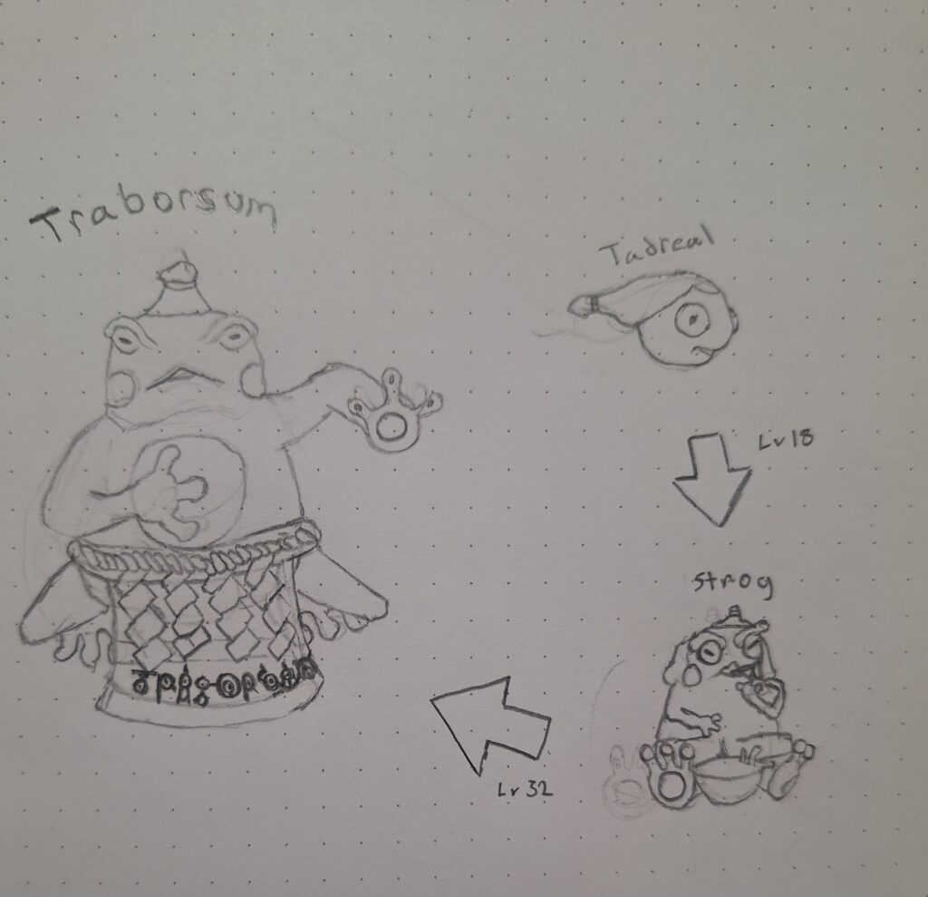 Tadreal, Strog and Traborsum the Wall Tadpole and Wall Frog pokemon.