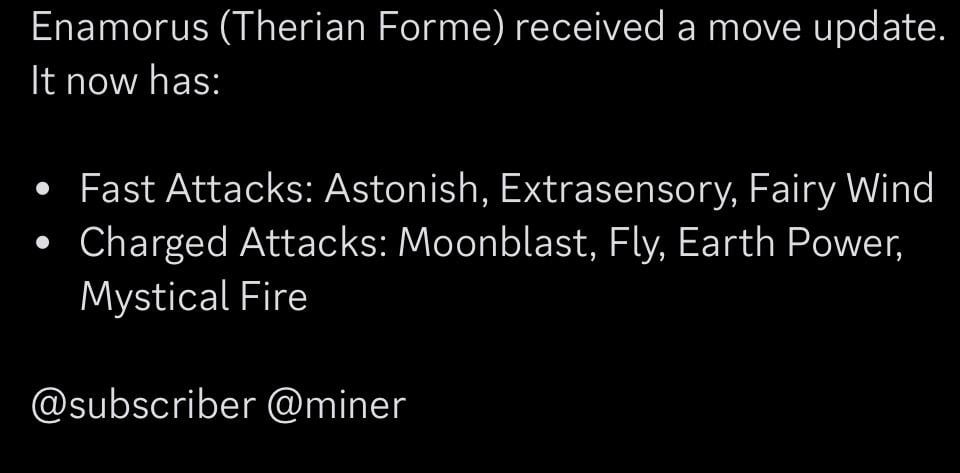 New moves on Enamorus Therian, ahead of the Valentine's Day raid event (Via Pokeminers)