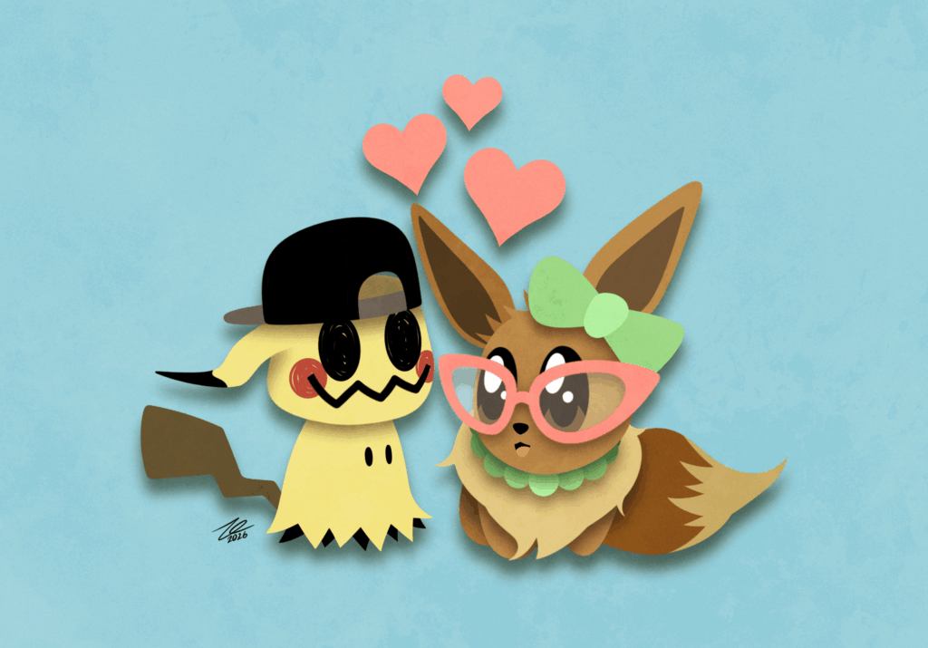 A lil drawing I did for my wife. Our favorite Pokemon dressed as us.