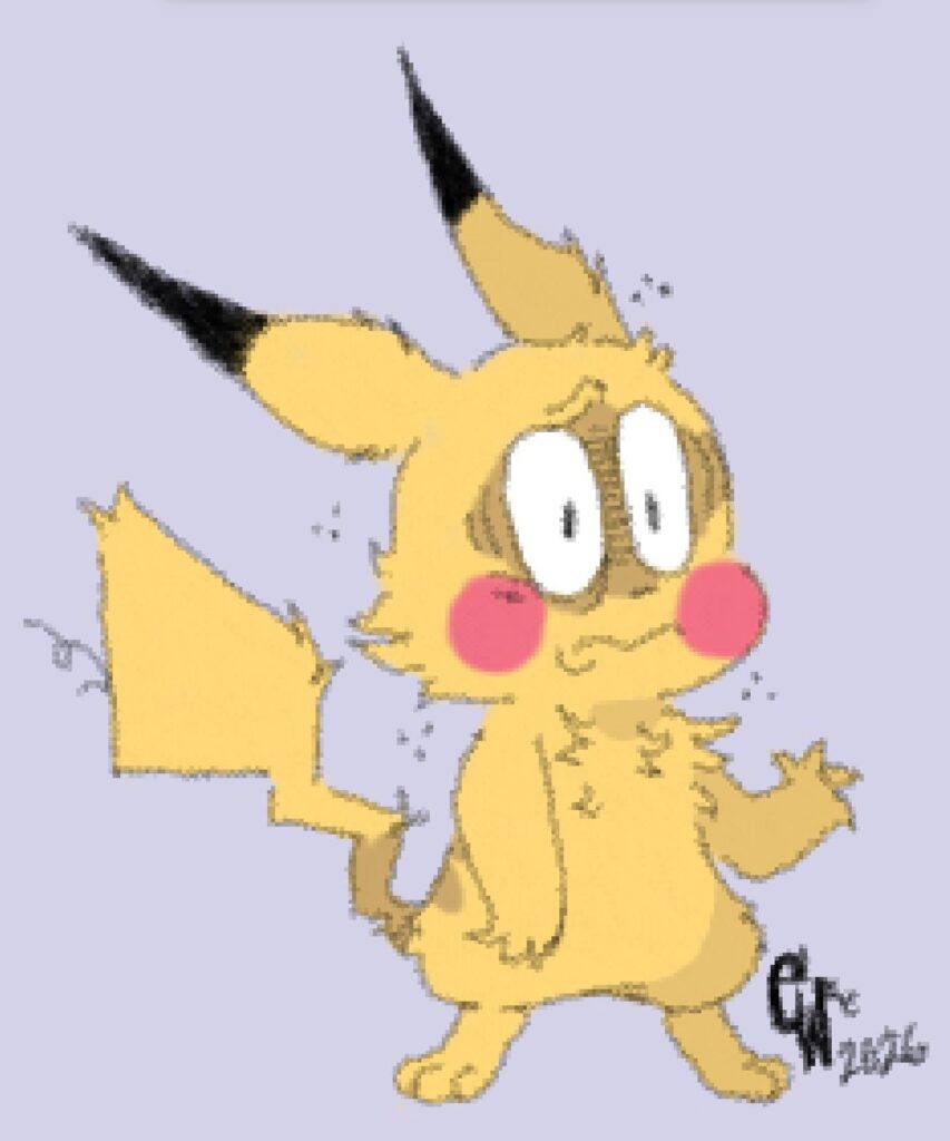 Pikachu I managed to draw with my less dominant left hand! Really useful if you want to make a character look bedraggled/tired.