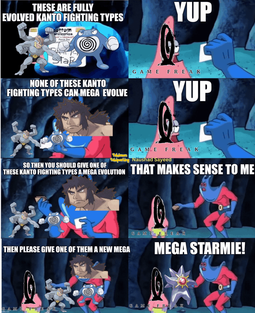 Po(o)r Ma(c)hamp and/or Poliwrath! None of Bruno's Pokémon in his Let's Go Pikachu/Eevee team could Mega Evolve. 😞🥋 Lorelei could at least lean on Mega Slowbro and Giovanni could at least lean on Mega Kangaskhan.