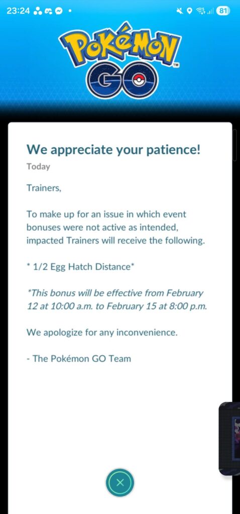 1/2 Hatch Distance activated after not receiving bonus during Vulpix CD for affected trainers