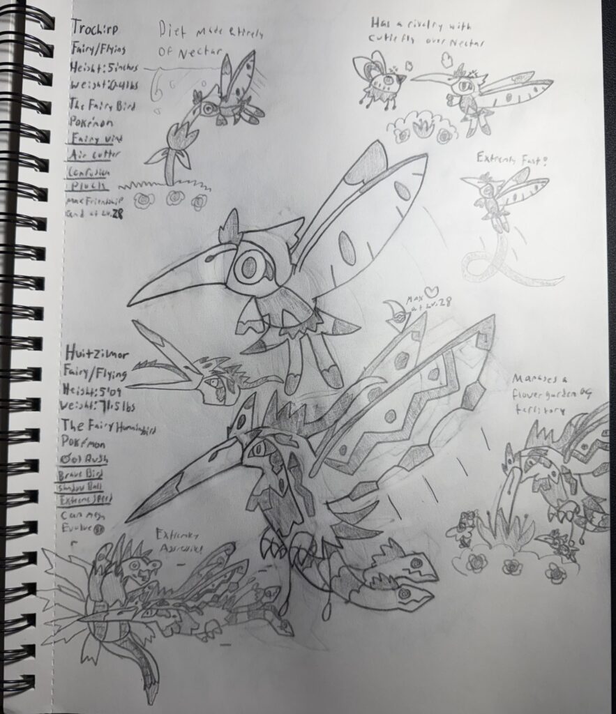 Route 1 Bird Pokémon of my Pokémon Region, Trochirp & Huītzilmor. Fairy/Flying Types based on Hummingbirds and Huītzilōpōchtli, the Aztec Diety of War.