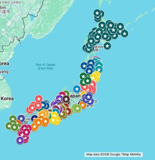 Google Map with all Poké Lids in Japan, separated by prefecture