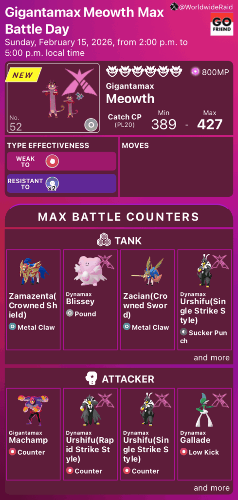 Gigantamax Meowth Max Battle Day｜Sunday, February 15, 2026, from 2:00 p.m. to 5:00 p.m. local time