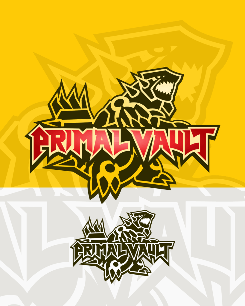 A logo I designed for Pokémon card vendor, featuring the silhouette of Primal Groudon and typography based on Pokémon Omega Ruby