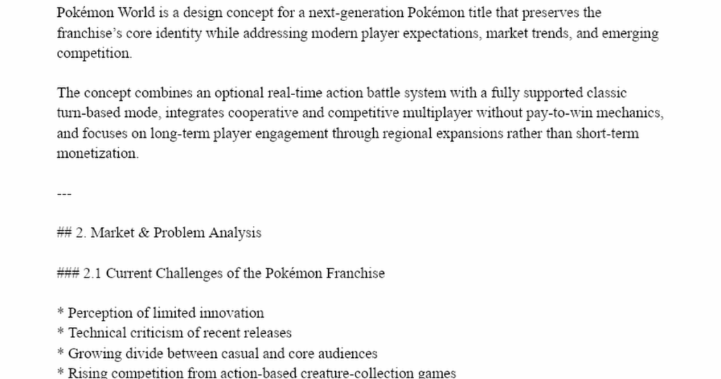 I wrote a serious design pitch for a next-gen Pokémon game (action + classic battles). Would love feedback.