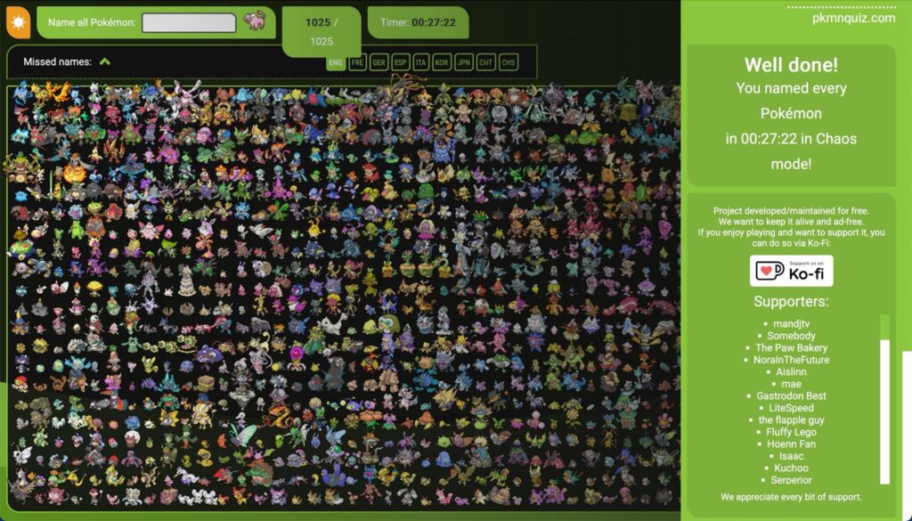 Naming every Pokemon from memory on pkmnquiz.com in 27 minutes in CHAOS MODE