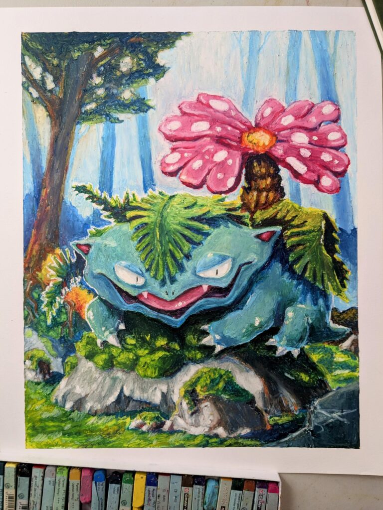 (OC) I'm drawing the Kanto Pokedex with oil pastels - here's Venusaur!
