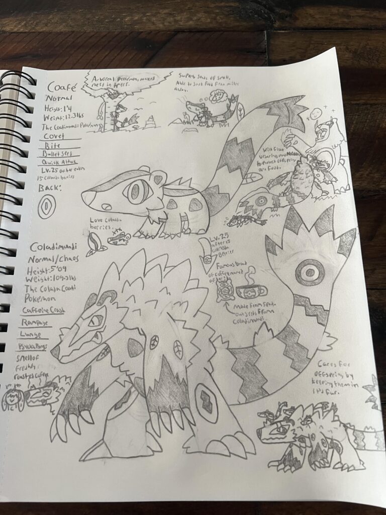 My Route 1 Mammal Pokémon called Coafé & Coladimundi. Based on Coatimundis, Roasted Coffee, and Caffeine.