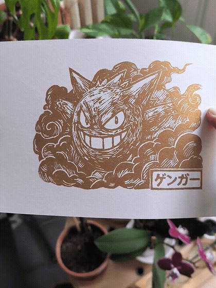 [OC] I tried my new golden ink with a Gengar linocut, which Pokemon would look cool in gold paint? (Gholdengo aside)