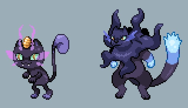 Gen 4 sprites of my ghost type meowth line [OC]