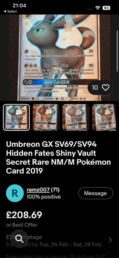 i have this card from when I pulled it during my umbreon obsession, i just found out people are willing to pay this much for it and I might sell mine so i can buy a switch lite