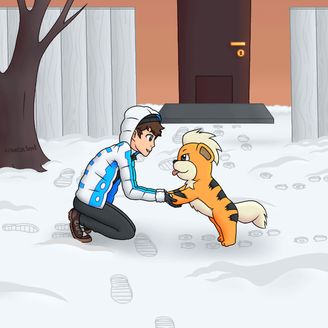 A Trainer and his Growlithe in the snow - (OC)
