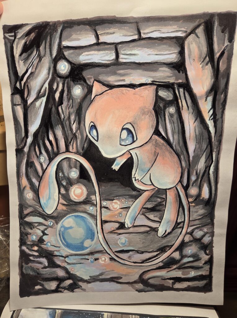 [OC] "Bubble Mew" and its mysterious lights. Done with Copic Markers and Colored Pencils.