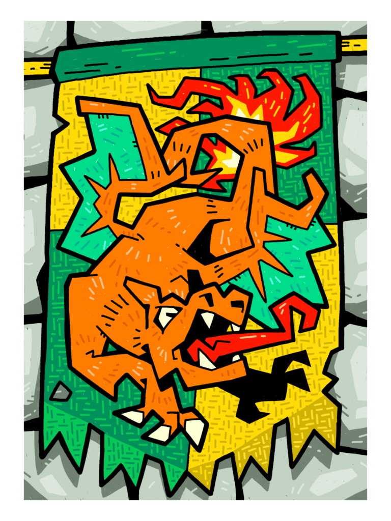 I try to draw them in order until I get bored (006) - Charizard depicted on a medieval banner