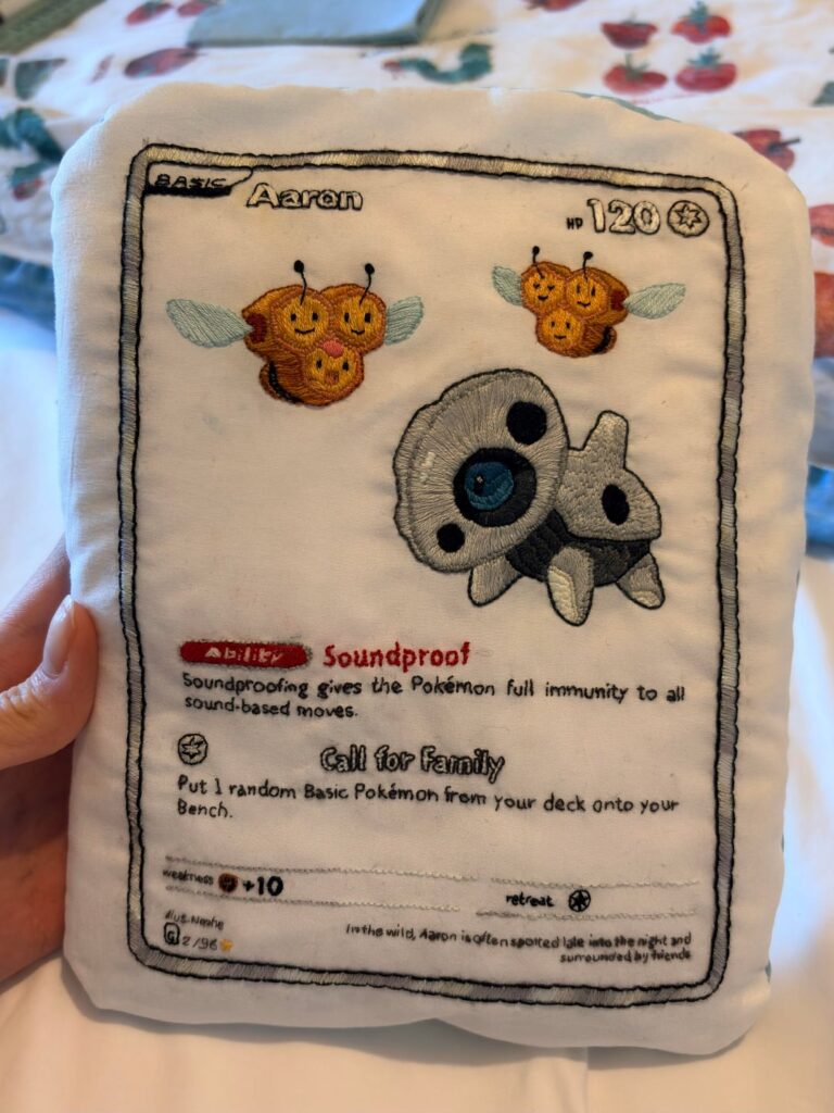 I hand embroidered this Pokémon card pillow for my best friend’s 30th birthday