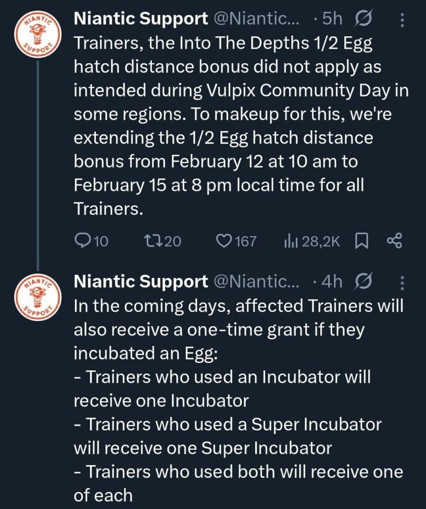 1/2 Hatch Distance activated for everyone + reimbursement for 1 Incubator and/or Super Incubator on the way