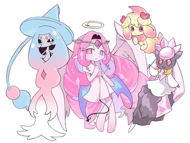Eternal sugar, pre-corrupted shadow milk / fount of knowledge, and their pokémons (by @285cookie)