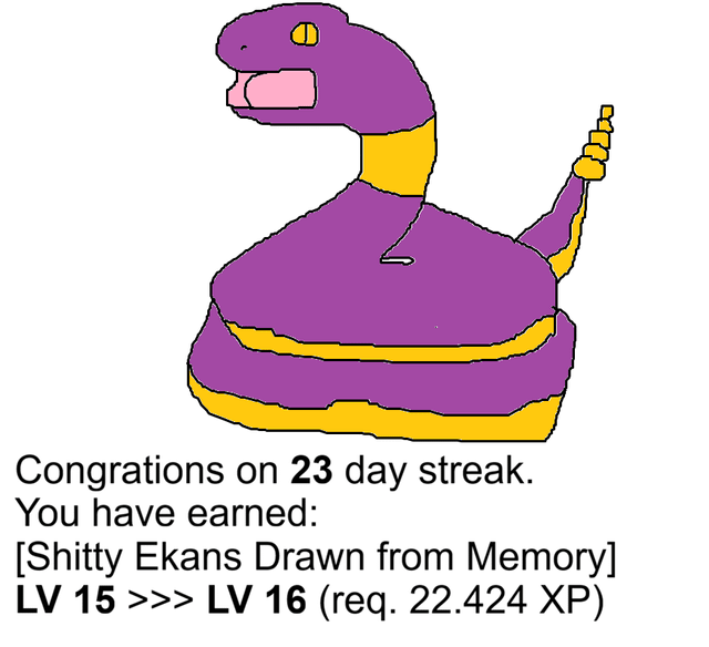 Days 23-25 of motivating my friend to do a thing: Ekans, Arbok, Pikachu