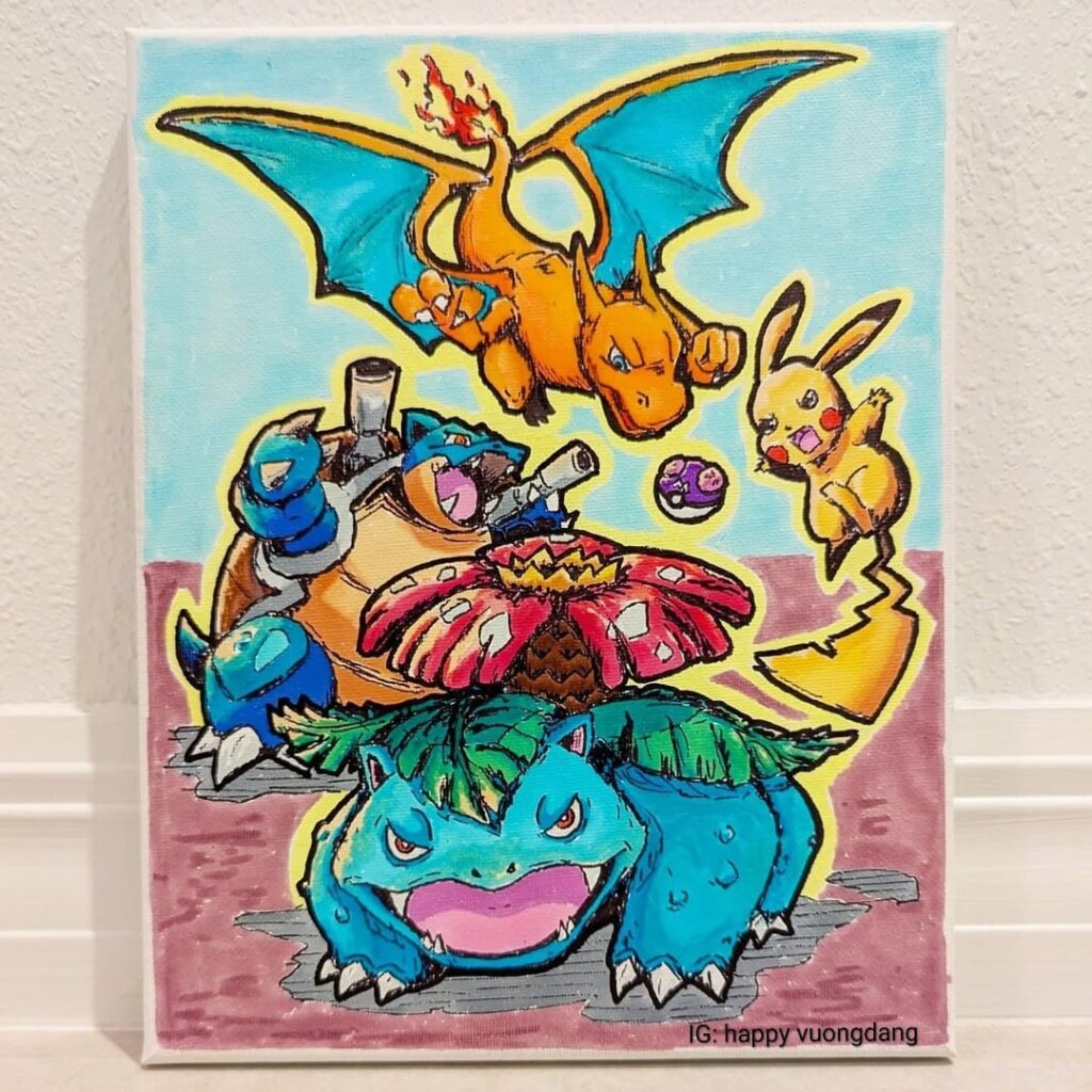 Kanto starters, hand drawn on canvas