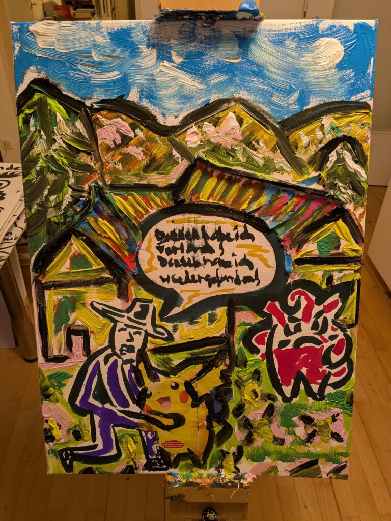 Diesen habe ich verloren! Diesen habe ich wiedergefunden!, 2026, Mixed-Media: Acryl, Tinte, Radiergummi-Schlange, Pokémon-Zeitschrift, Papierschnipsel auf großer Leinwand
