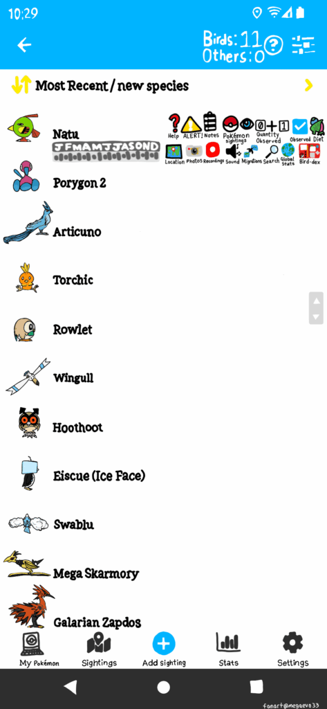 [OC] Pokemon bird watching app pokemon list screen idea