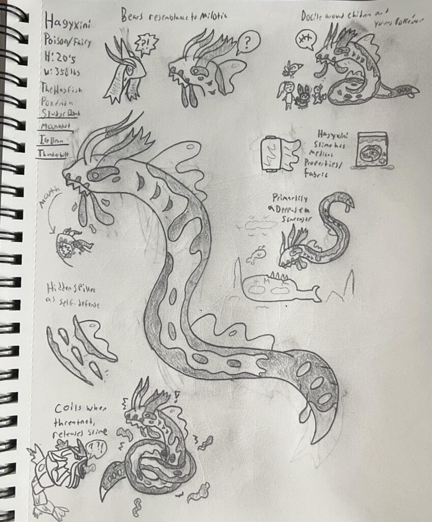 The Slimy Denizen of the Deep, Hagyxini. A Deep-Sea Fakemon based on Hagfish and their medicinal slime which could have antiburn properties. Poison/Fairy Type!