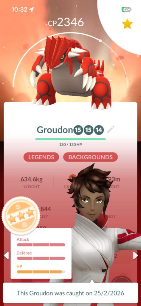 For Primal Groudon 98% (Functional 100% at LV51) with BG