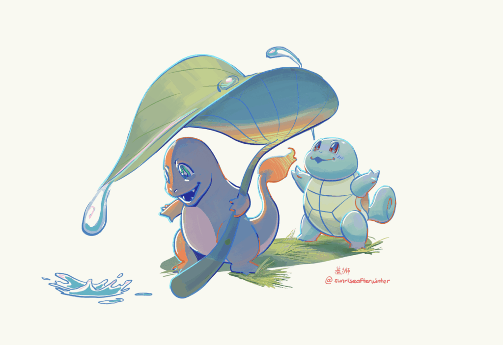 Squirtle helping Charmander to enjoy some cool time!