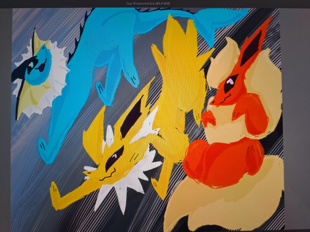 I figured that all the eeveelutions would make the drawing too cramped, so here you go, the og 3 eeveelutions