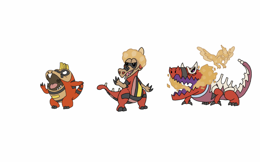 Found a very old drawing i made of a cross-breed line between Fuecoco and Sandile, would love to redraw and maybe improve the design ( especially the first stage ,) any tips for any of the designs?