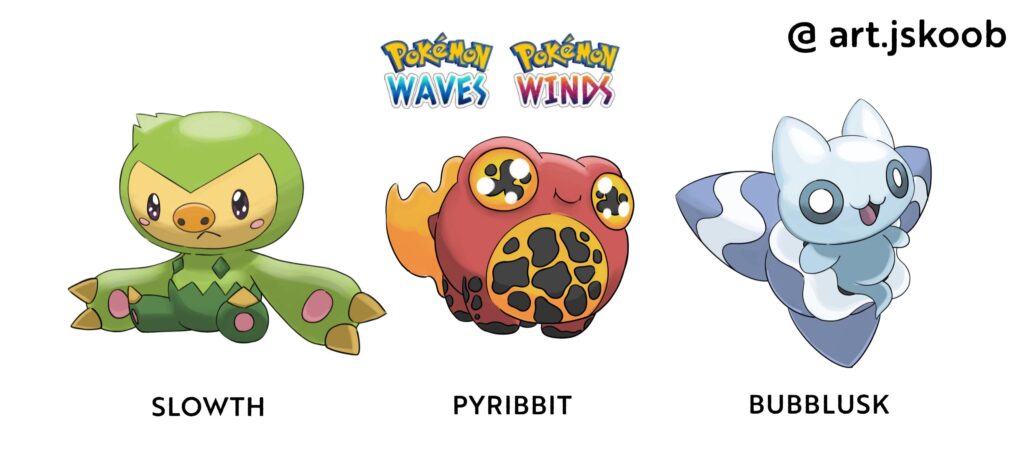 My Gen 10 starter Pokémon 🍃🔥💦 [OC]