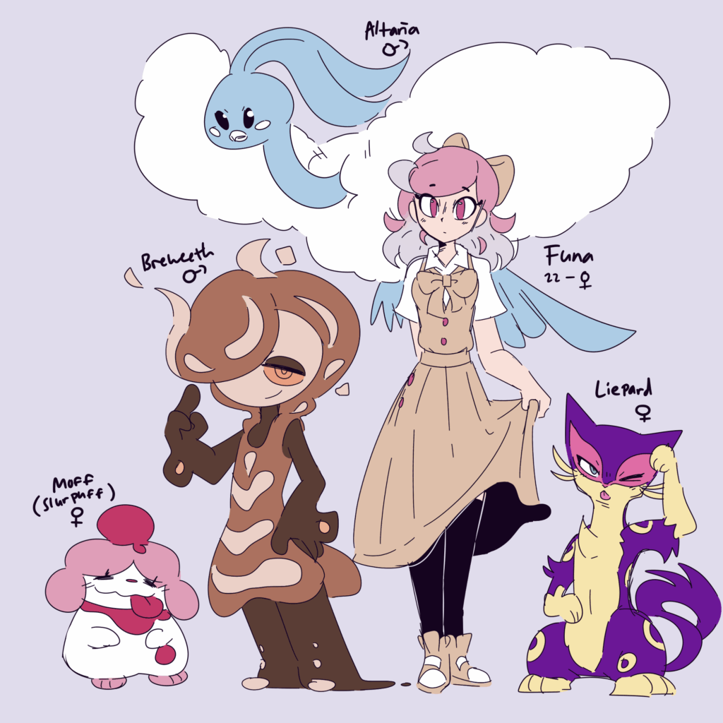 [OC] Quick art I did of my trainer OC & her team (+ fakemon)