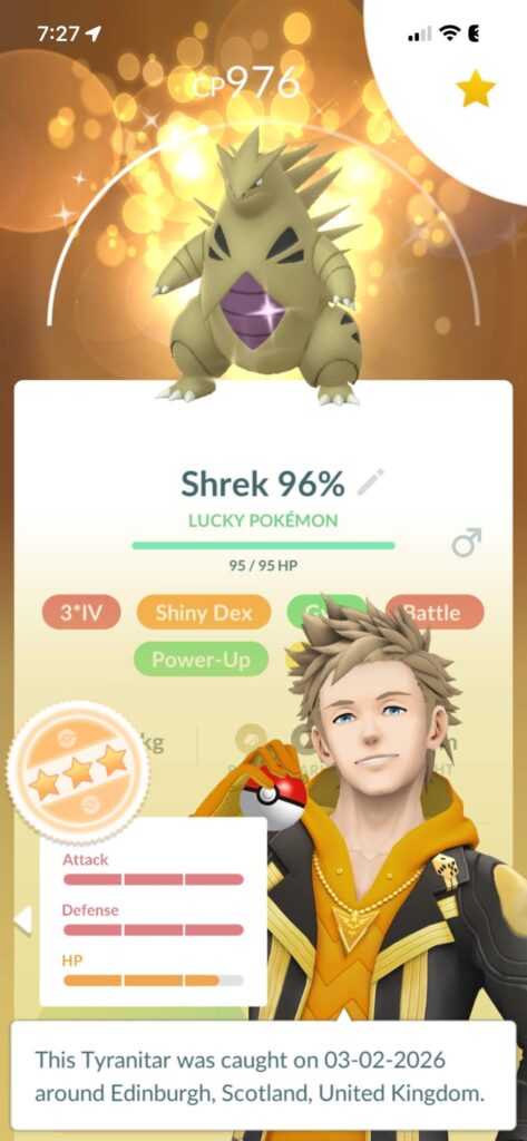 Follow-up post to my previous post about a wild shiny tyranitar fleeing. I caught another one!