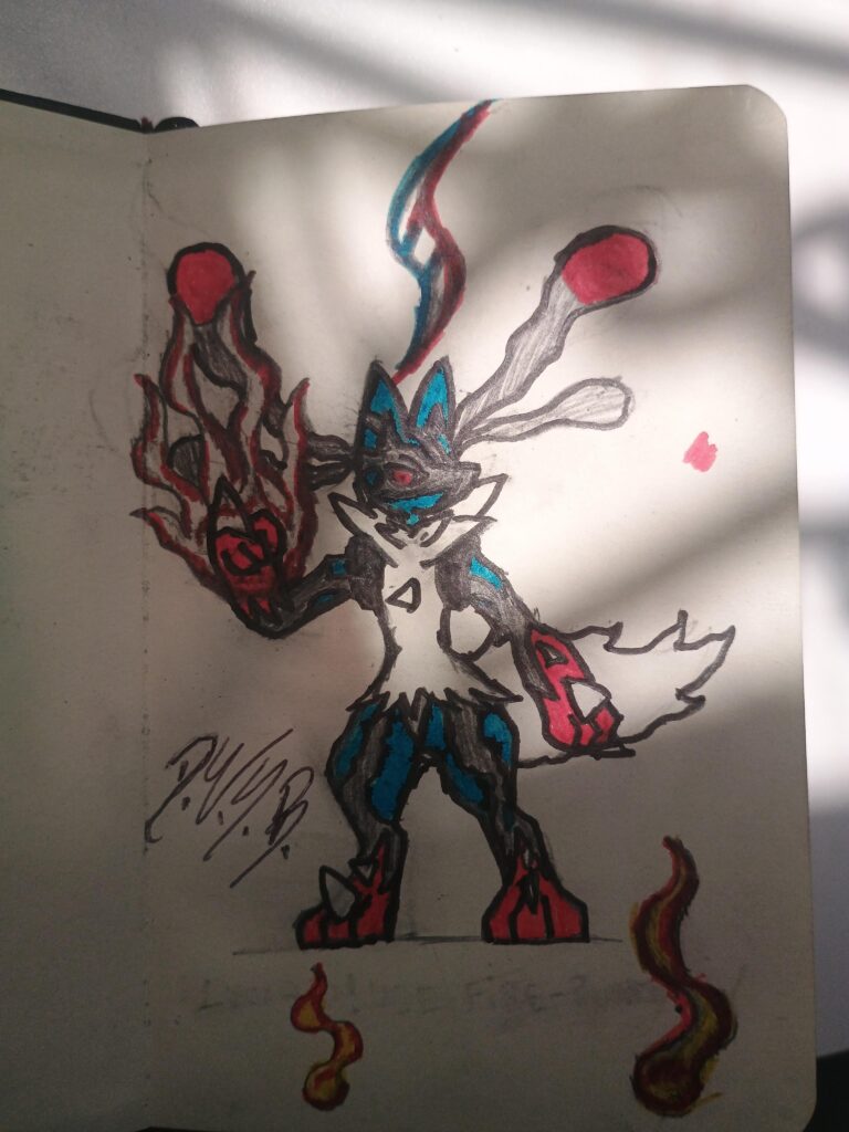 [OC] My drawing of Mega Lucario (using Fire Punch)