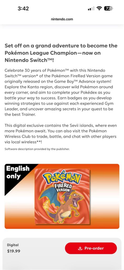 Pokemon Home Compatibility Removed from FireRed and LeafGreen’s eShop Description
