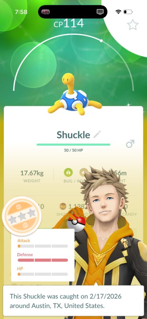 I just caught a shiny shuckle with its exact actual stats