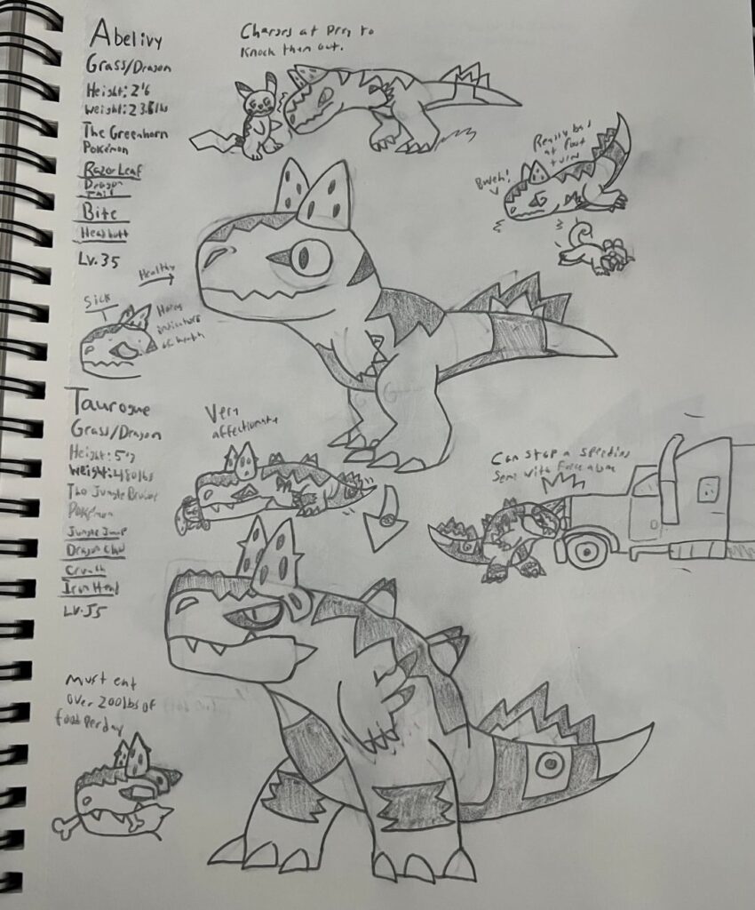 Jungle Bruisers: Abelivy, Taurogue, and Carnoak. Grass/Dragon Type Psuedo-Legendary Pokémon based on Carnotaurus, thorns, and a bit of Sceptile.